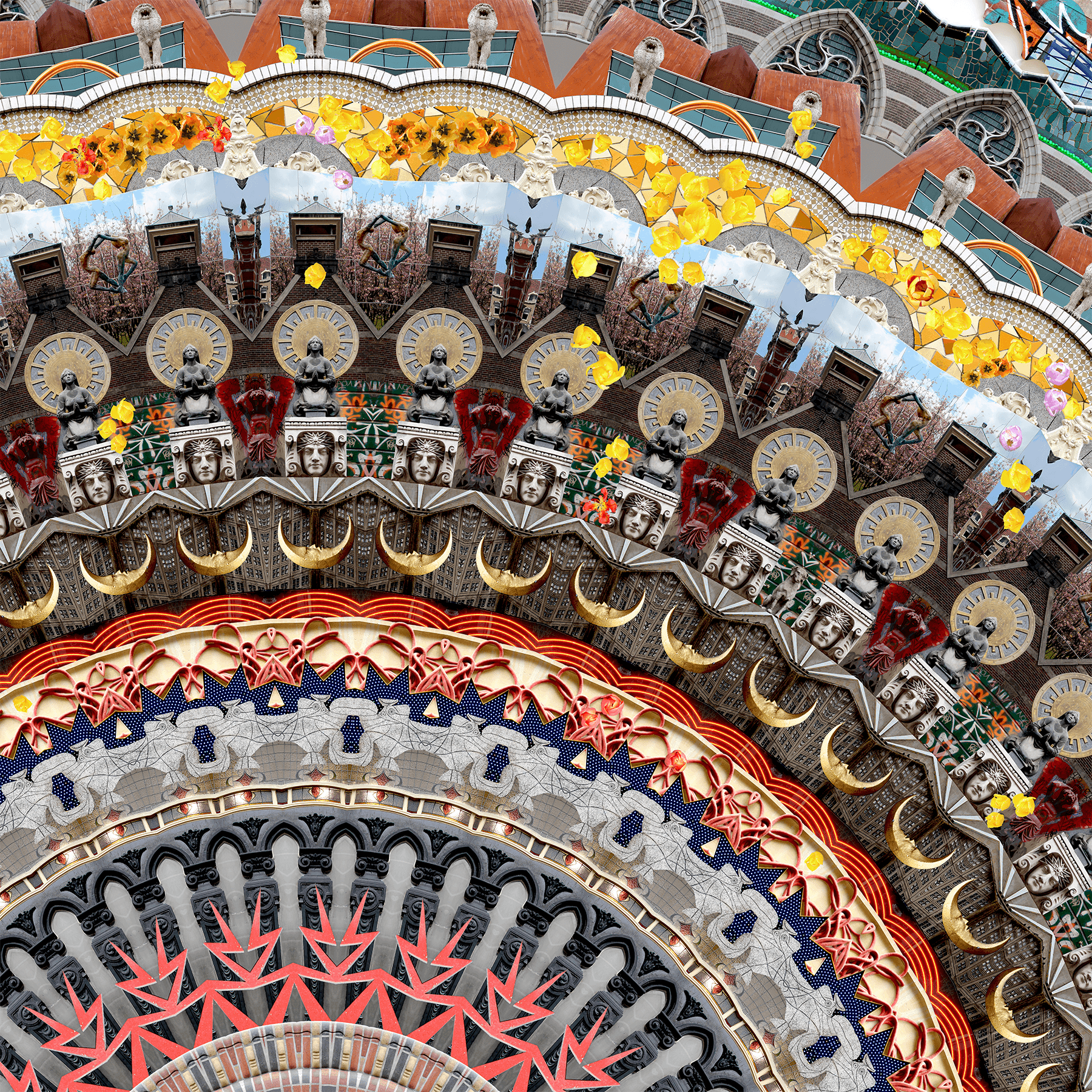 Colorful, ornate carousel with multiple levels, decorative lights, and detailed patterns, viewed from below. Word count: 20