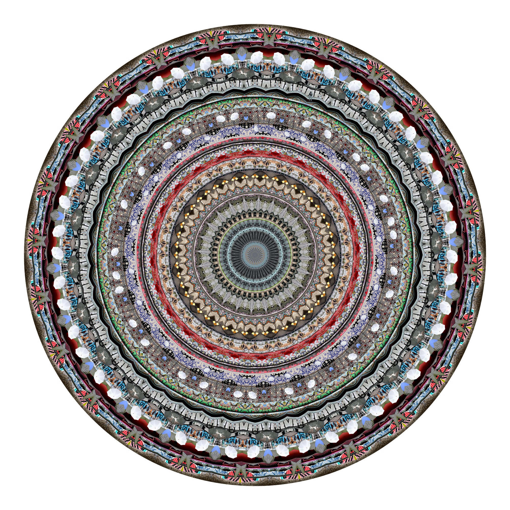 Circular, symmetrical pattern with intricate designs and multiple concentric rings, featuring various colors and textures.
