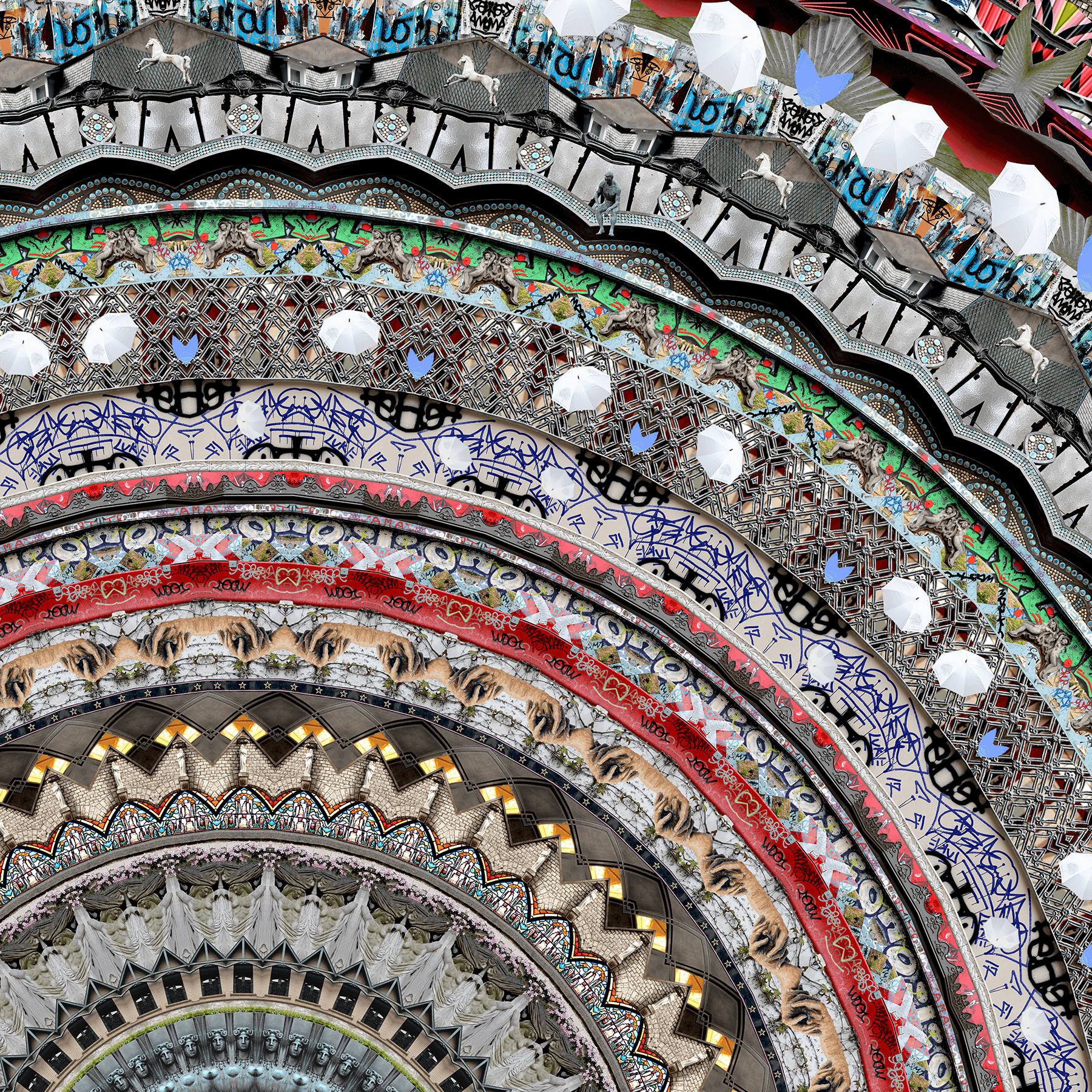 Colorful, intricate circular architectural design with multiple layers and patterns, viewed from below, with umbrellas and people at the top.