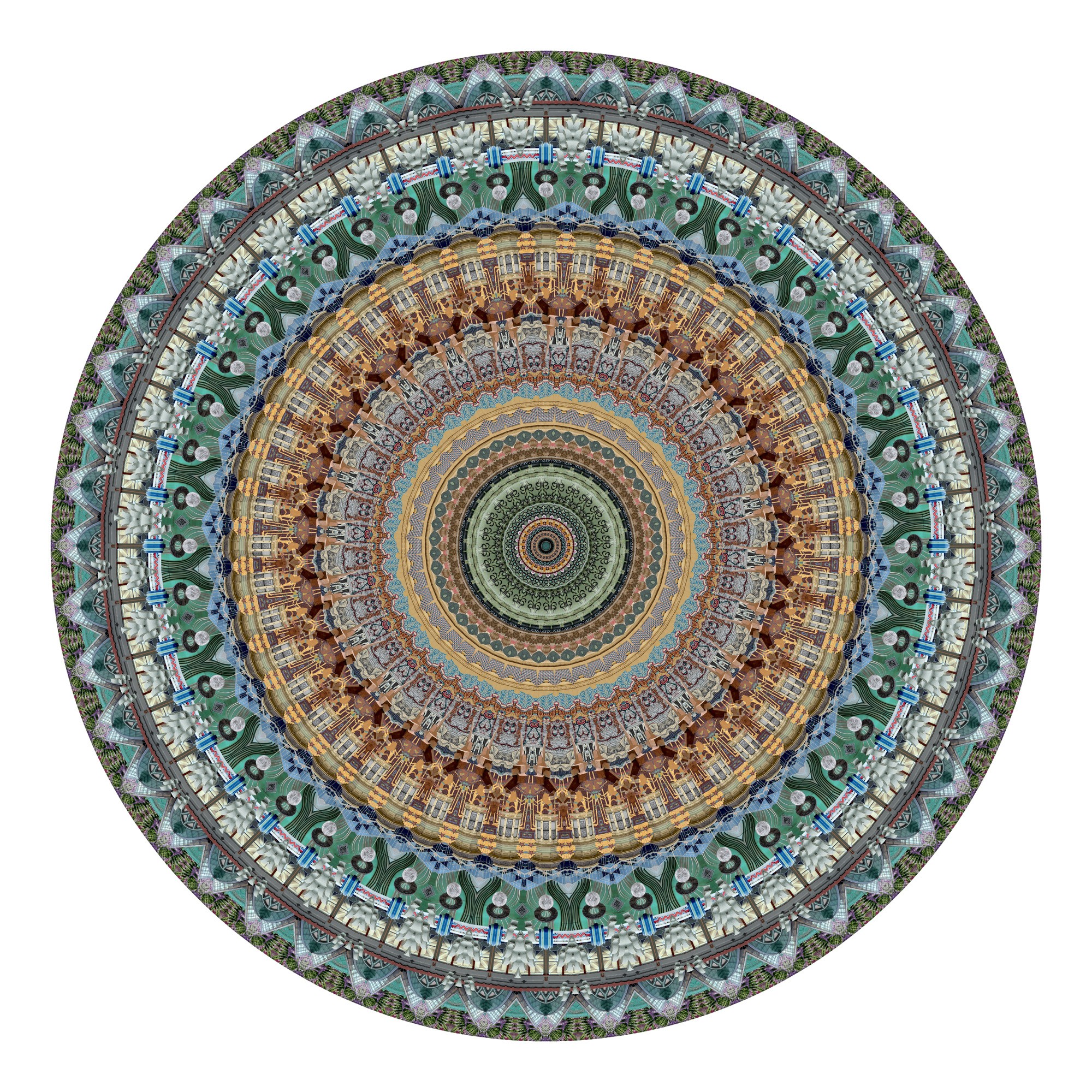 Colorful circular mandala with intricate patterns and symmetrical design, radiating from the center outward.