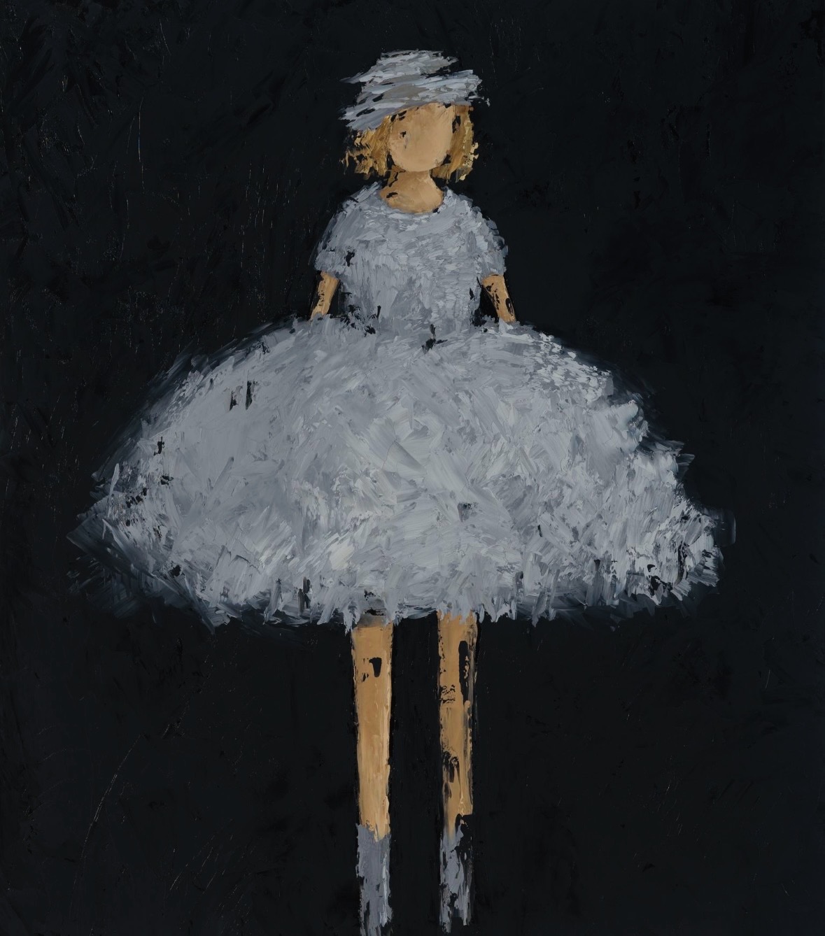 A girl in a white dress and hat stands against a dark background, painted in an impressionistic style.