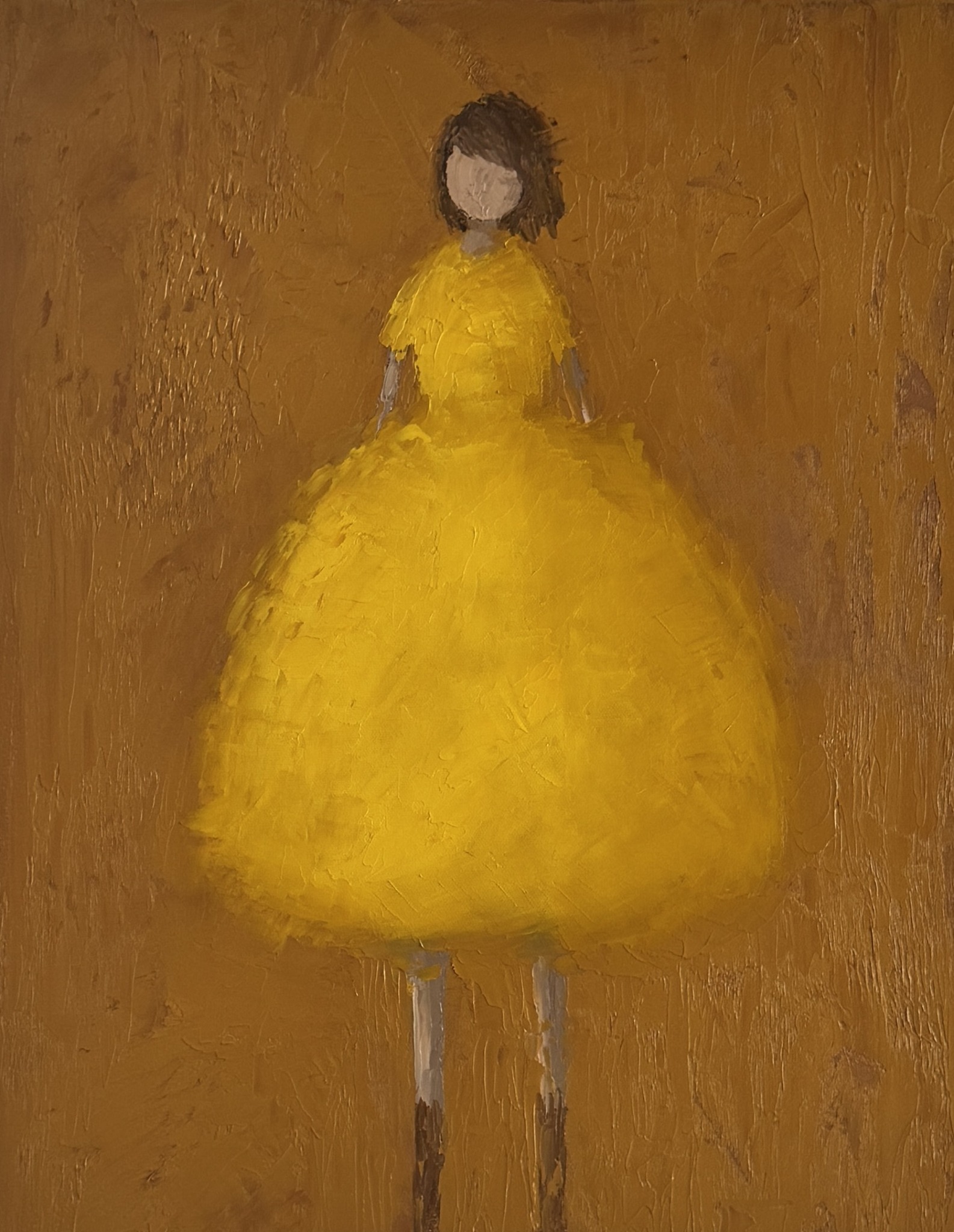 A painting of a girl in a yellow dress with a large skirt, standing against a brown background.