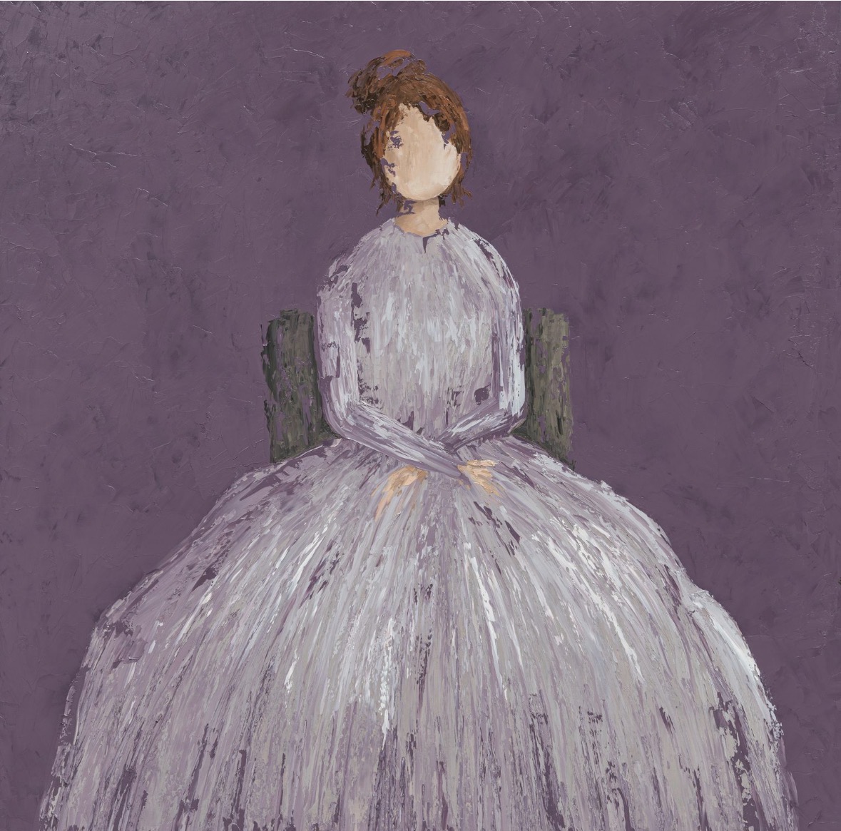 A woman in a long, flowing dress sits on a chair against a purple background.