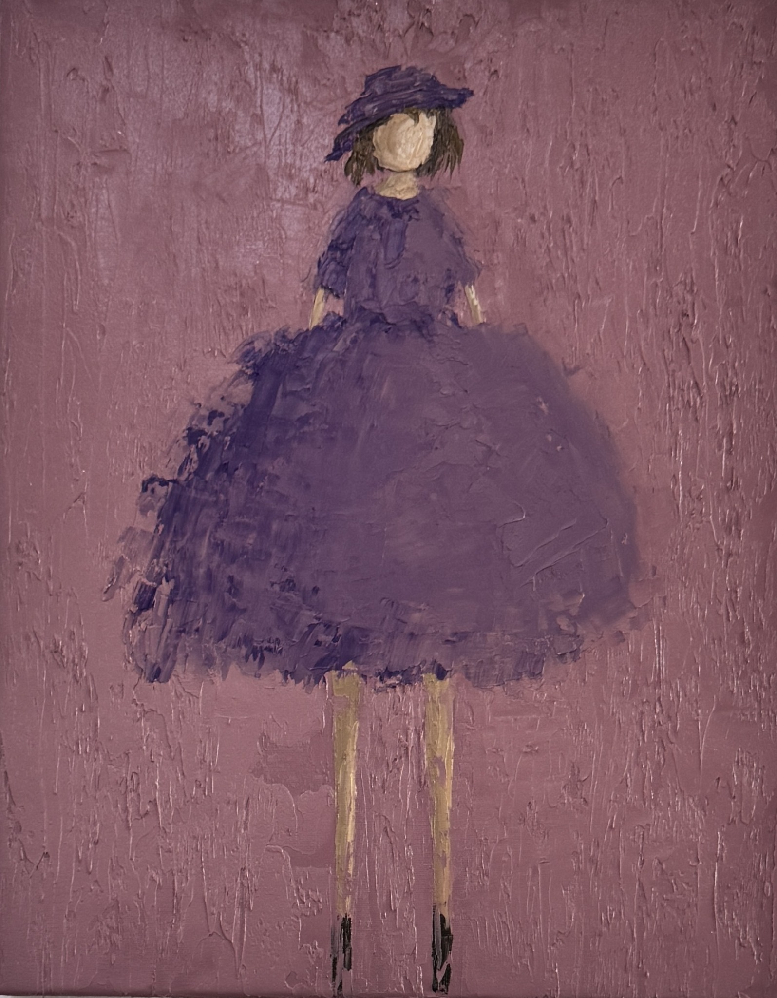 A painting of a woman in a purple dress and hat, standing against a pink background.