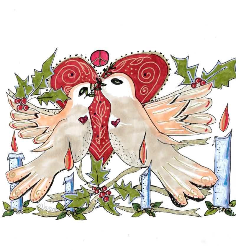 Two white doves face each other with red hearts, surrounded by holly leaves, berries, and blue candles, in a festive scene.
