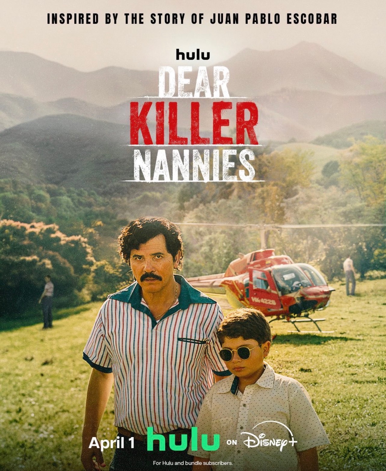 Two men standing outdoors with a helicopter in the background, green landscape, mountains, and trees, promotional poster for Hulu series.