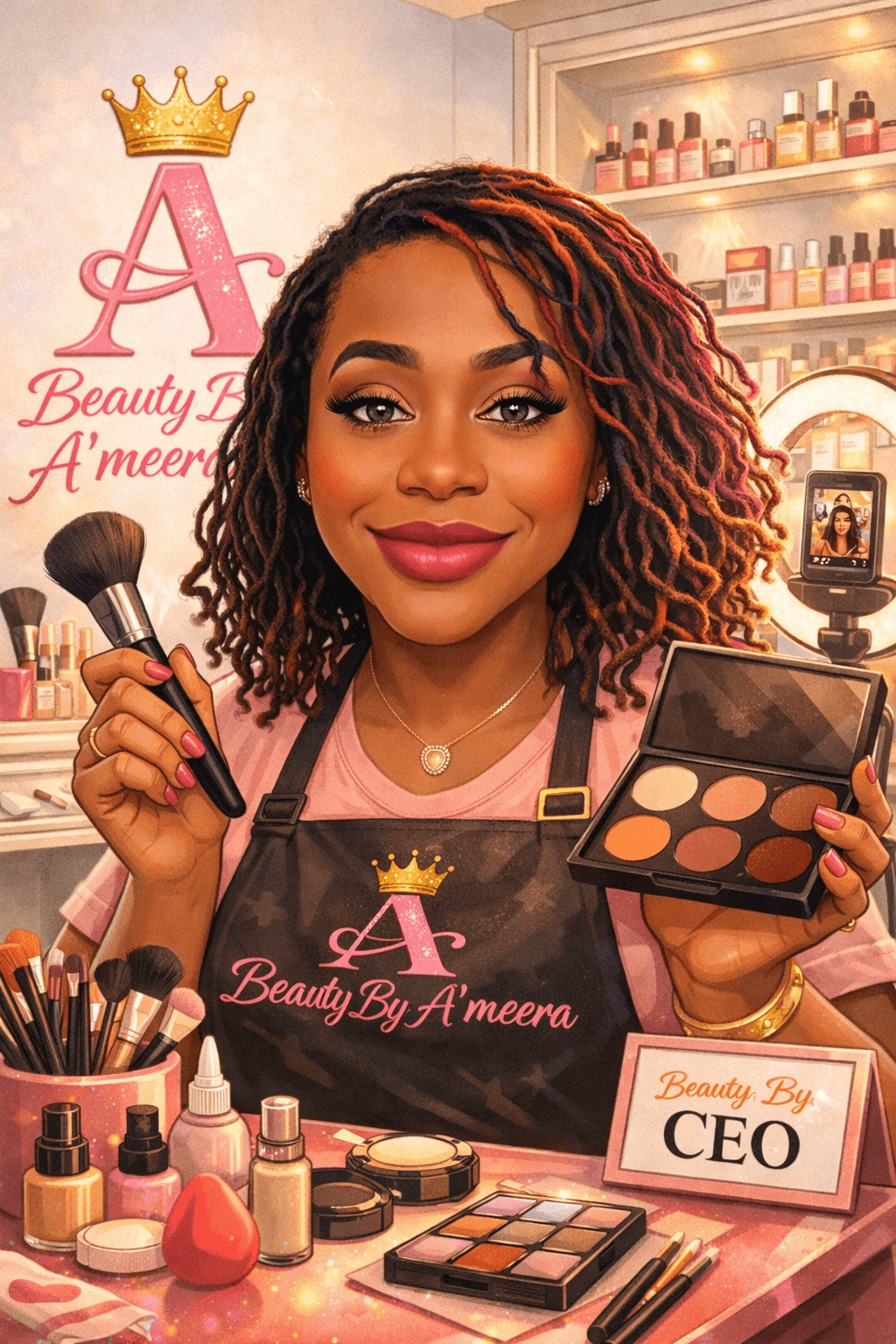 Woman with curly hair holding makeup brush and palette, surrounded by beauty products, in a salon setting.
