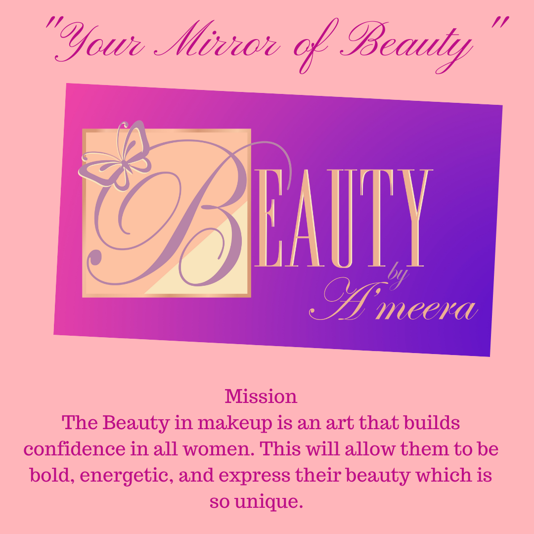 Pink background with purple and beige logo reading 'Beauty by Aneeera' and mission statement about makeup confidence.