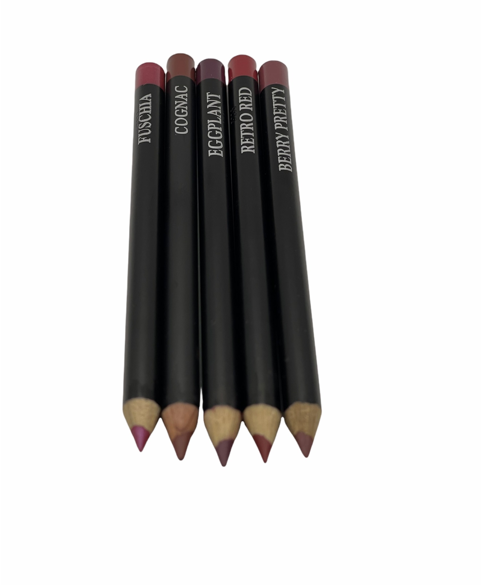 Four lip liners with black bodies and pinkish-brown tips, labeled with different shades, arranged vertically.