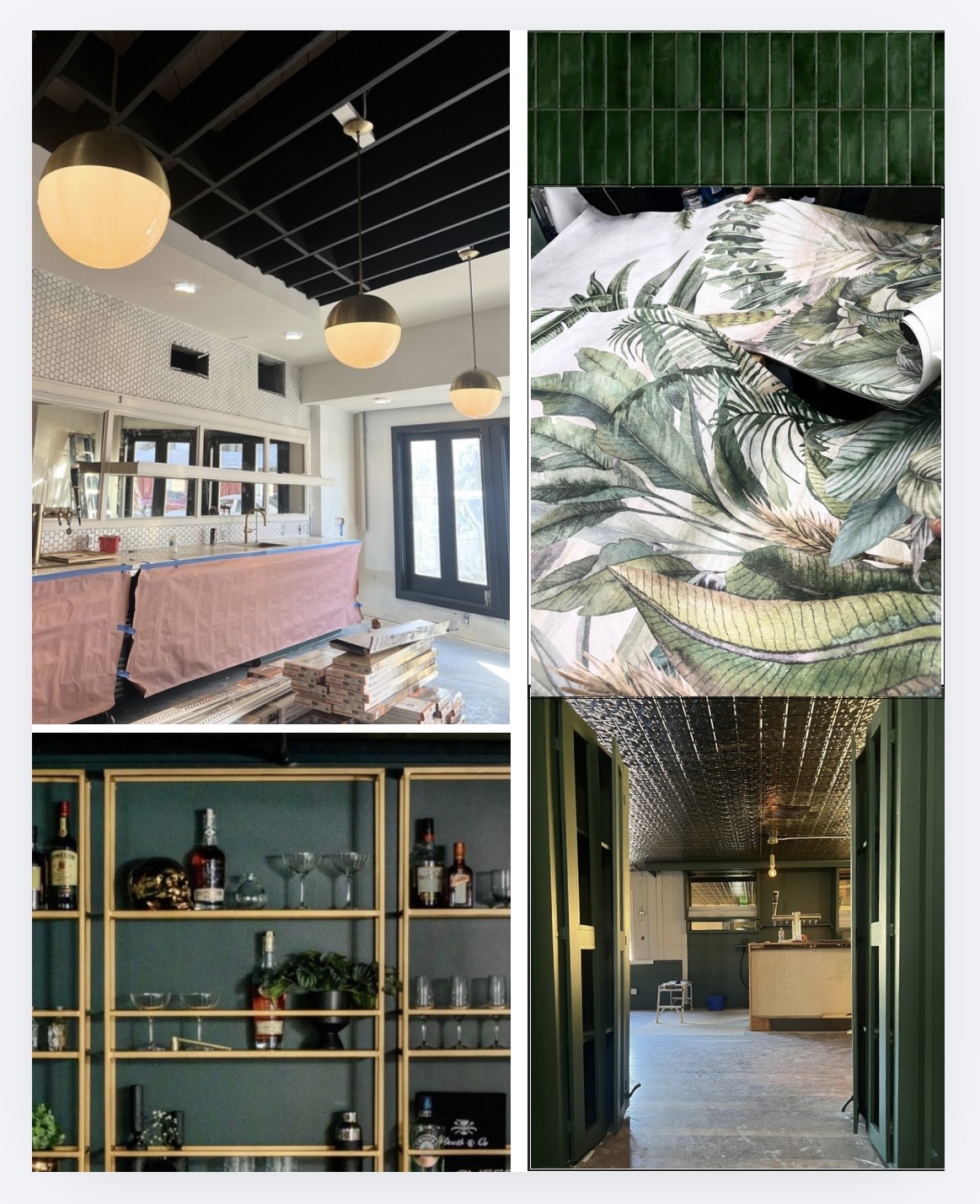 Four interior spaces: a modern room with hanging lights and a pink sofa, a bed with tropical leaf bedding, a green shelf with decor, and an entryway with green curtains.
