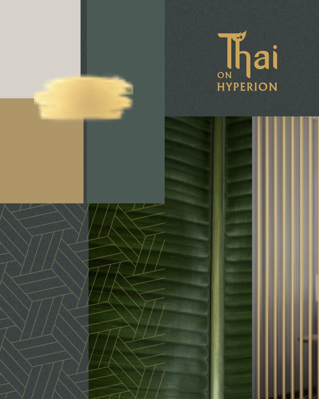Collage of various textured panels and a sign reading 'Thai on Hyperion'.