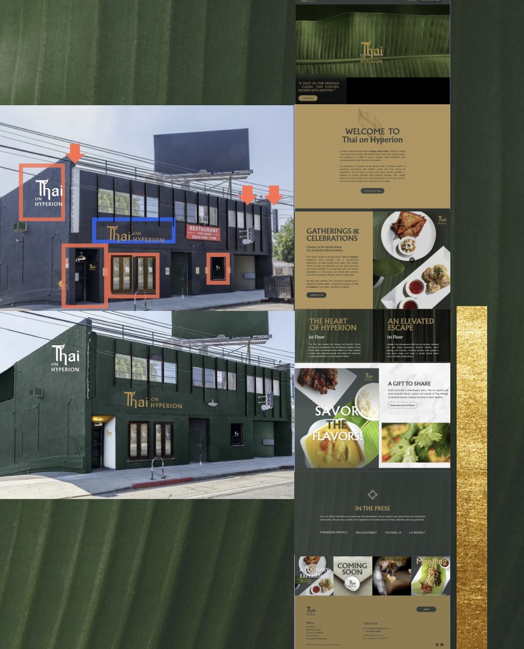 Two images of a green building with large windows, one showing the exterior and the other the interior, with a vertical display of promotional posters on the right side.