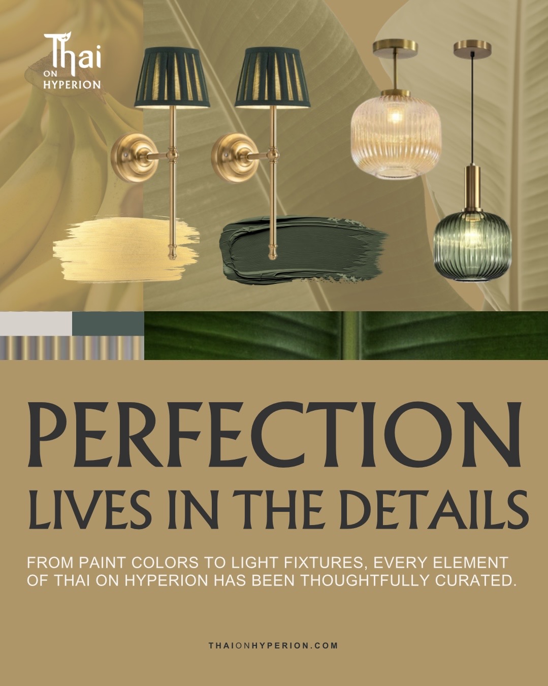 Decorative wall lamps and a hanging light fixture with a dark background, gold accents, and textured glass, with text about perfection.