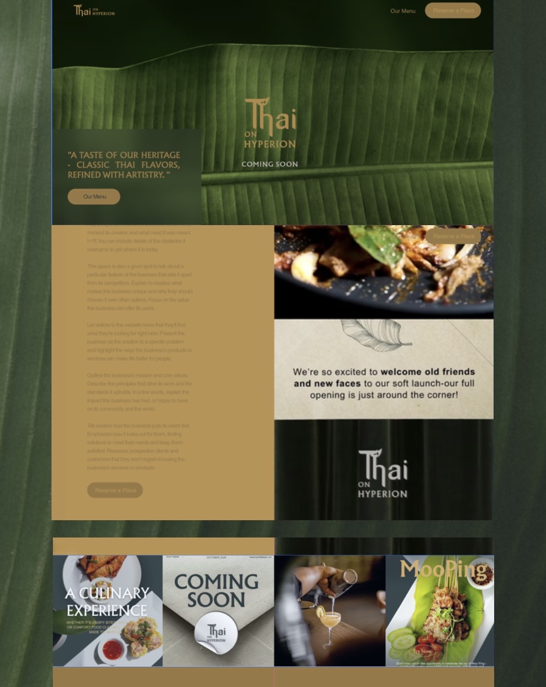 Website homepage with green and gold theme, featuring Thai cuisine, upcoming events, and a food image, with text and images arranged in sections.