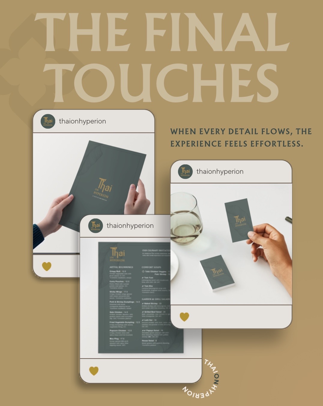 Three social media-style images showing a person holding a dark green booklet, a close-up of a hand writing, and a menu or list, with beige background and text. Text reads 'THE FINAL TOUCHES' and 'WHEN EVERY DETAIL FLOWS, THE EXPERIENCE FEELS EFFORTLESS.'