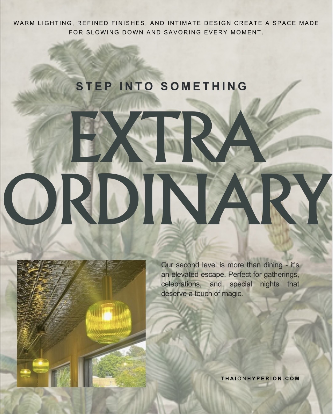 Text promoting extraordinary experiences with tropical plants and lighting, featuring a small image of a yellow lamp and greenery.