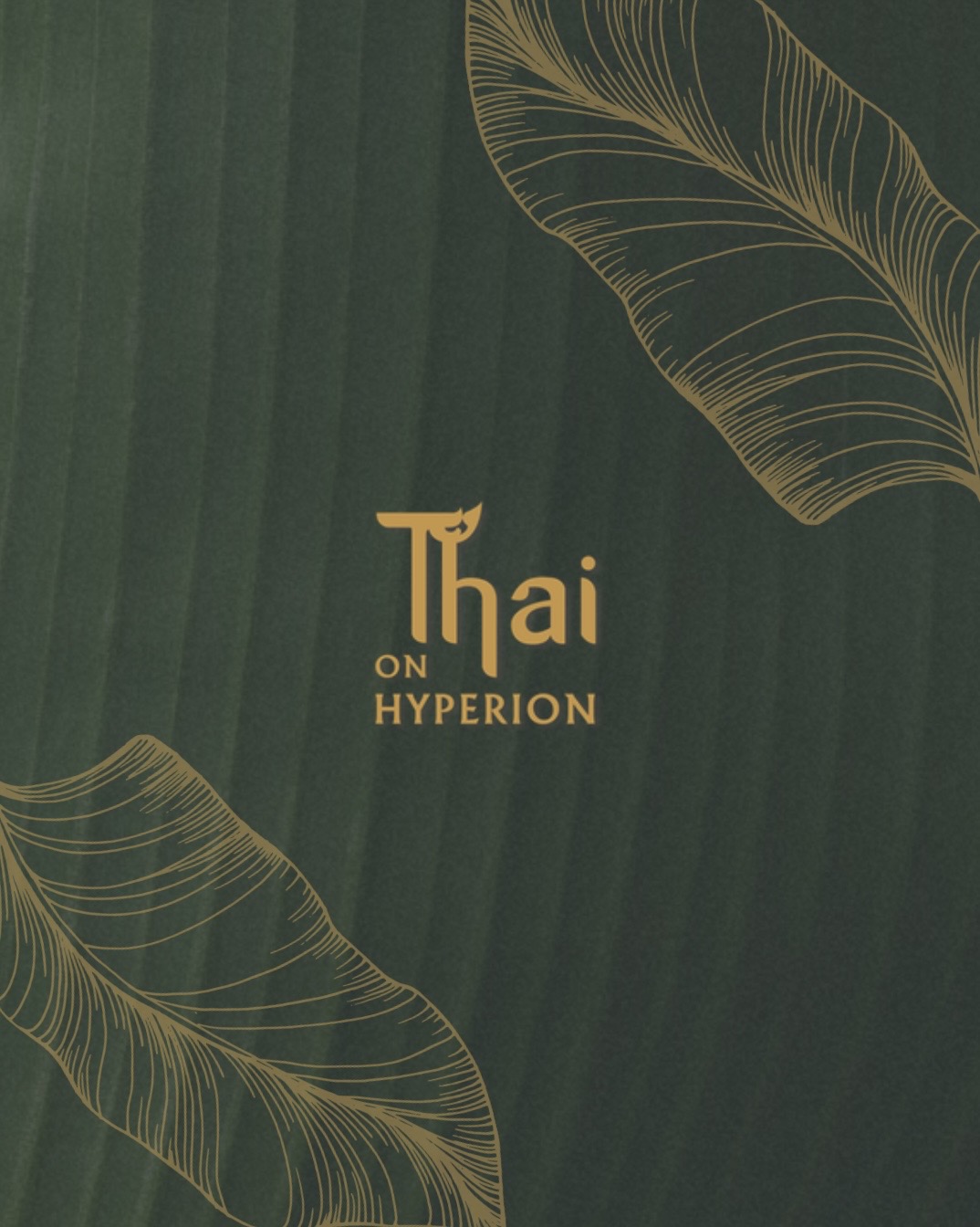 Text reads 'Thai on Hyperion' with decorative leaf illustrations on a dark green background.