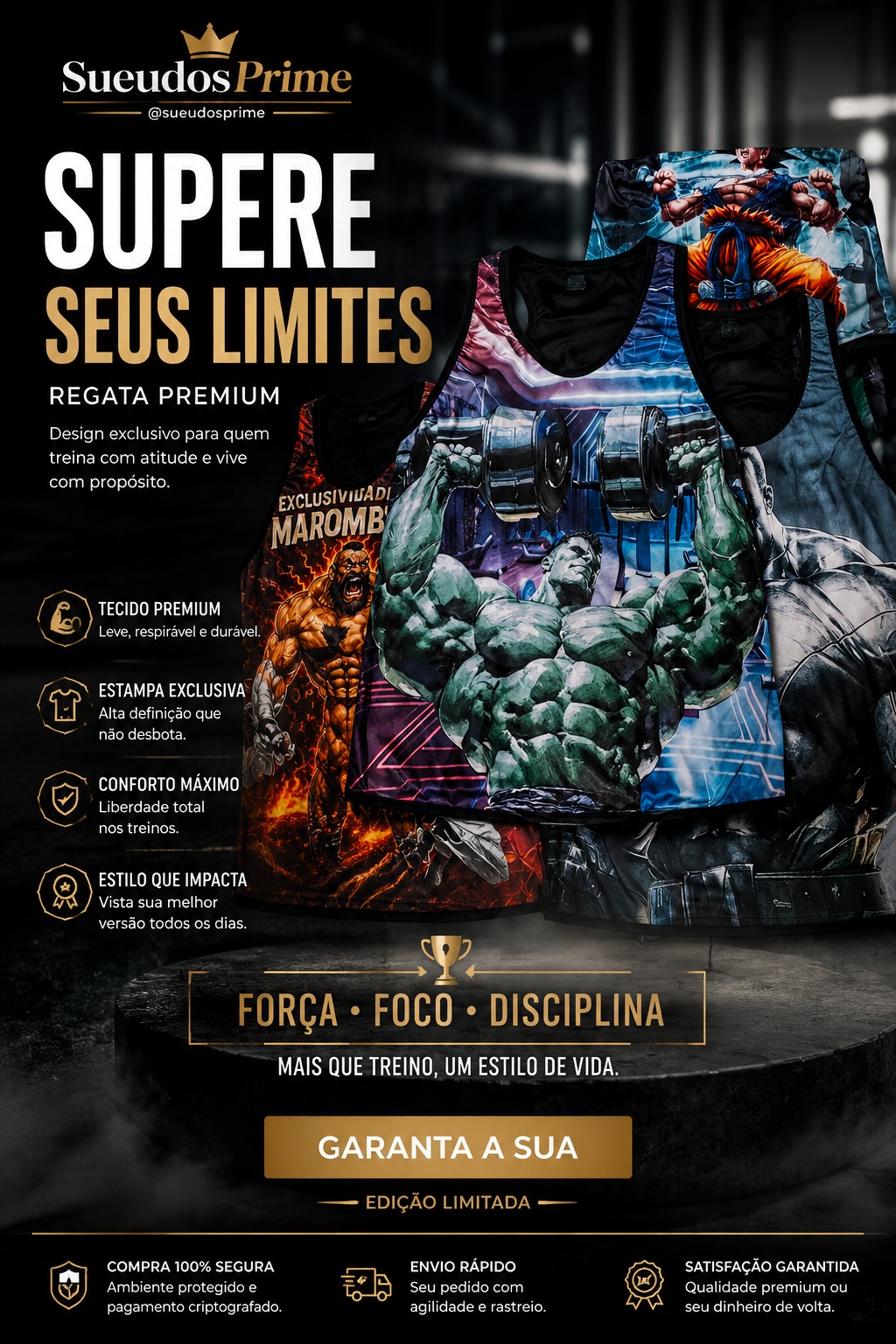 Display of colorful backpacks with bold text promoting premium quality, discipline, and style, in a dark background with product details.