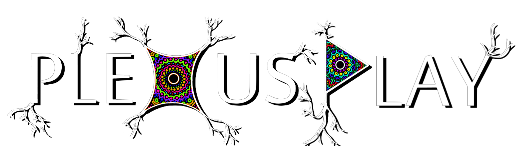 Text with decorative branches and colorful circular patterns on a black background.