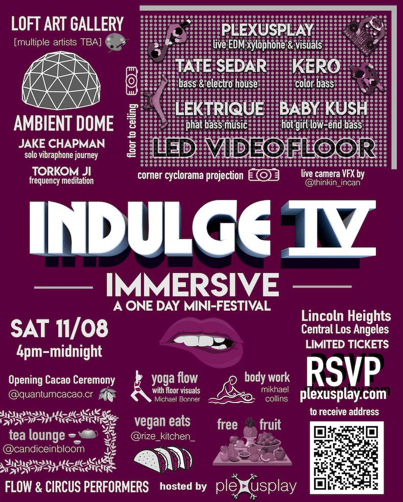 Event poster for Indulge IV mini-festival with details of performers, location, date, and ticket information.
