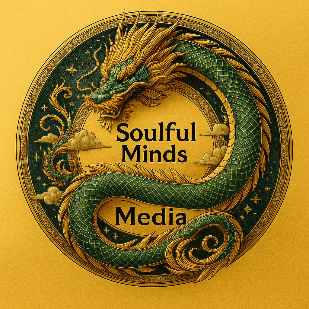 A detailed dragon with a green body and golden mane encircles the words 'Soulful Minds Media' on a yellow background.