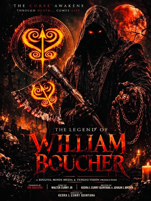 Dark figure with glowing eyes holding an axe, fiery background, and text about William Bougier, movie poster.
