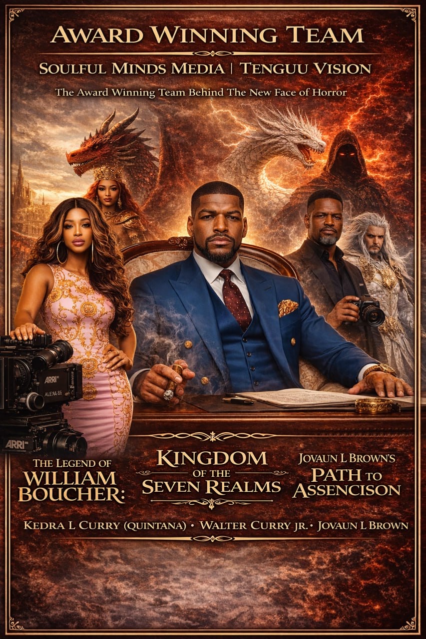 Group of five people, three men and two women, seated and standing in front of a fiery background with dragons and fantasy elements.