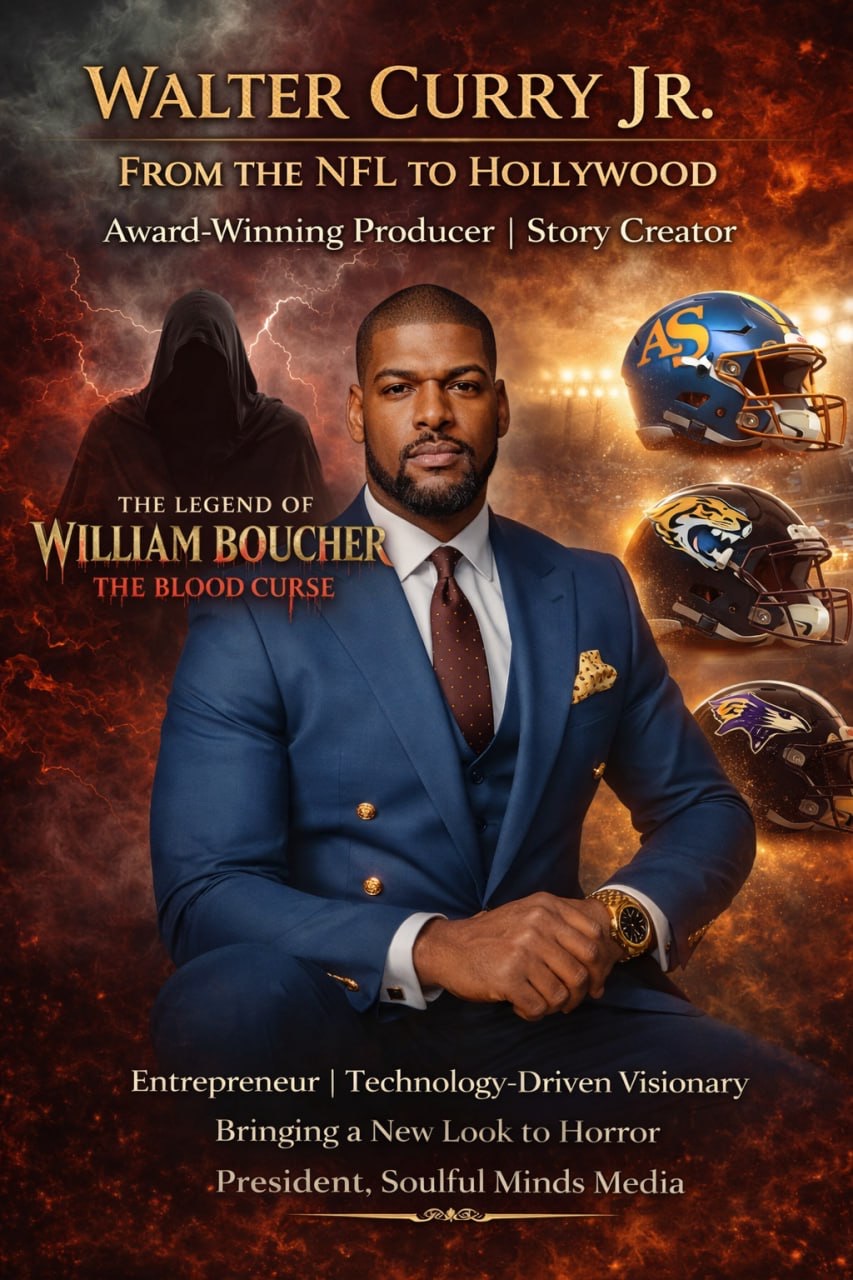 Portrait of Walter Curry Jr. in a blue suit, with football helmets and fiery background, promoting his story and achievements.