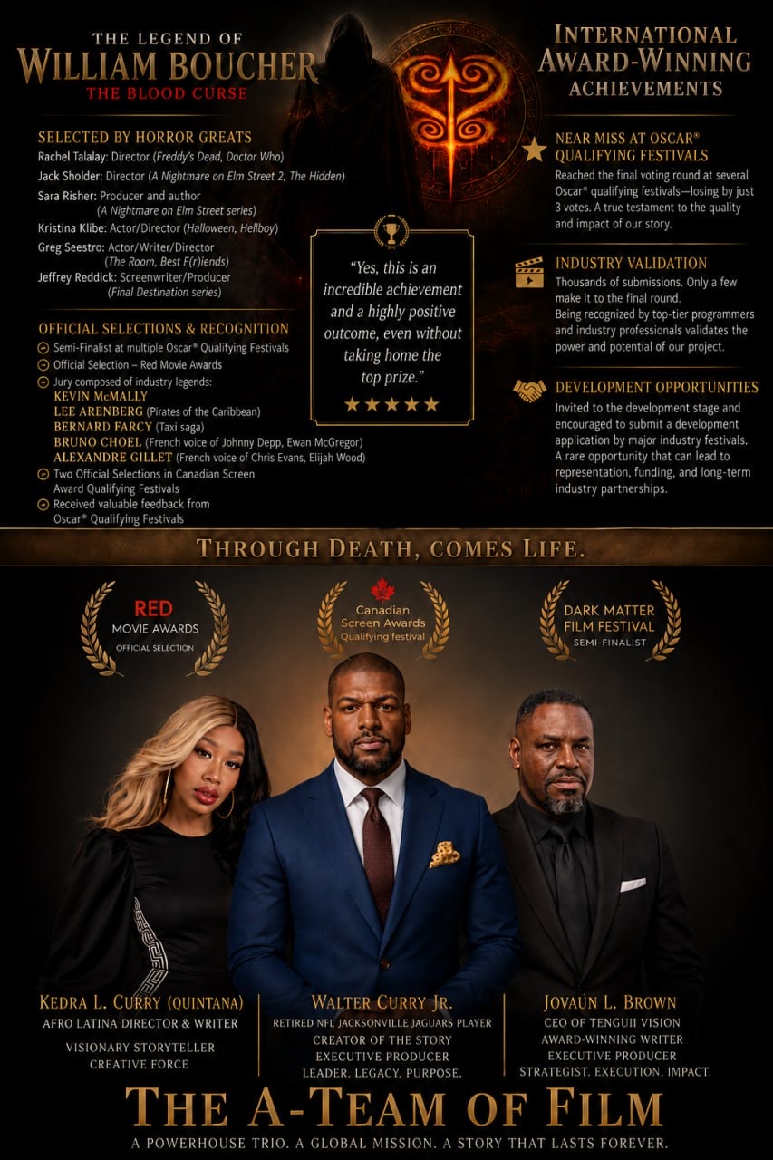 Promotional poster for a film featuring three people in formal attire, with text about awards and film details.