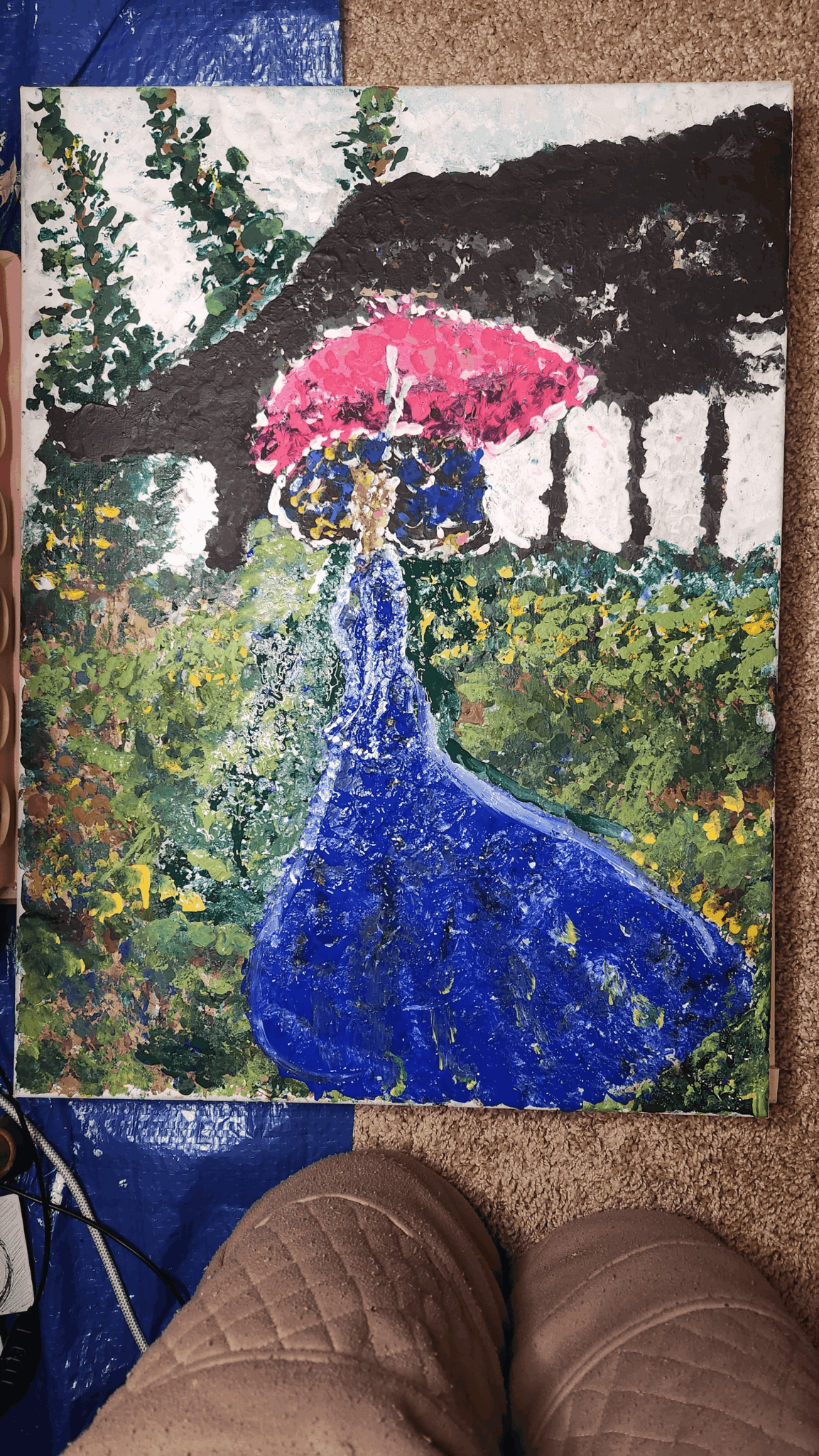 Woman in blue dress holding pink umbrella walking under a tree in a park, impressionist style painting.