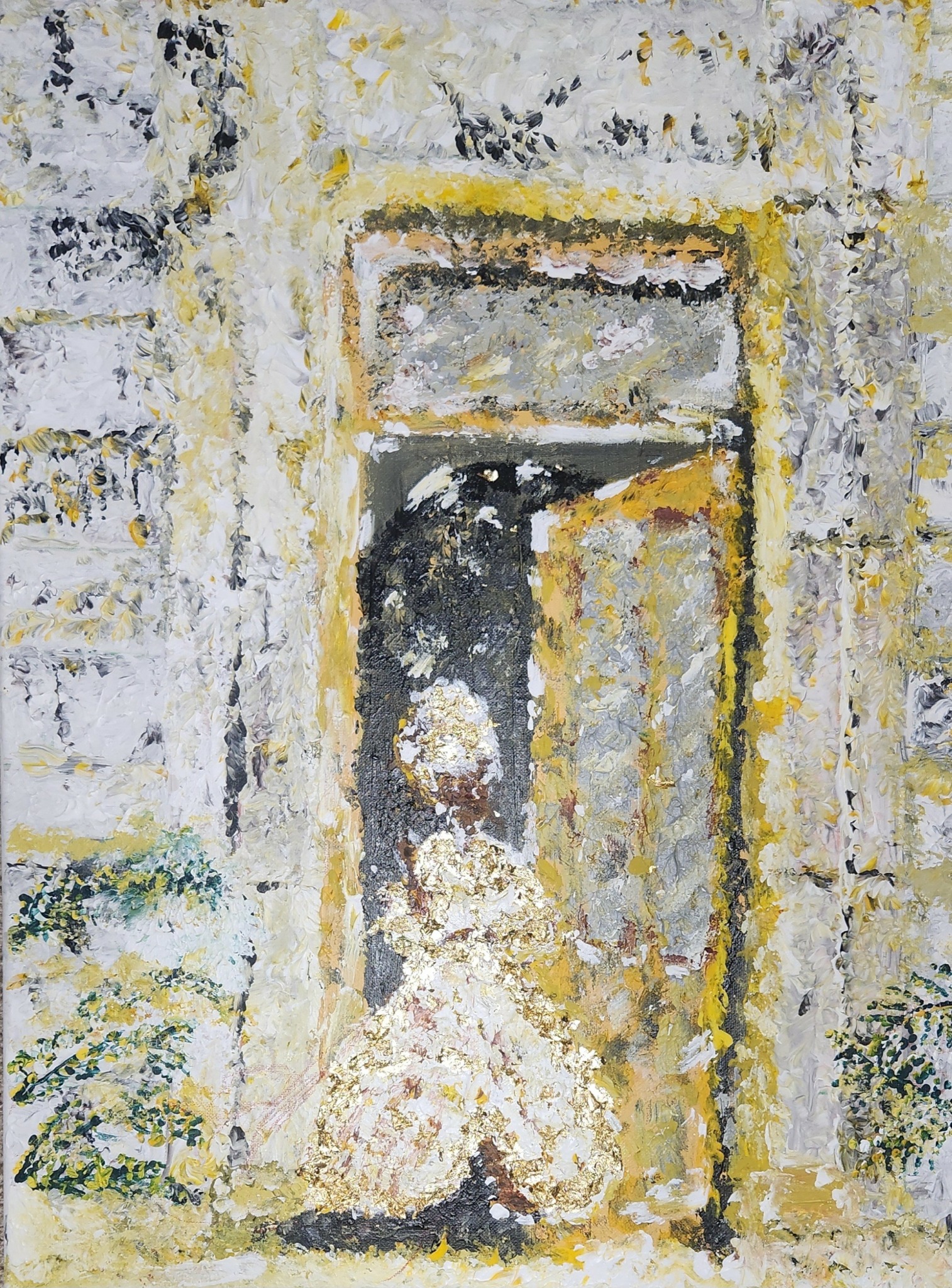 Abstract painting of a door with textured yellow, gray, and white colors, and a figure in front, 20 words.