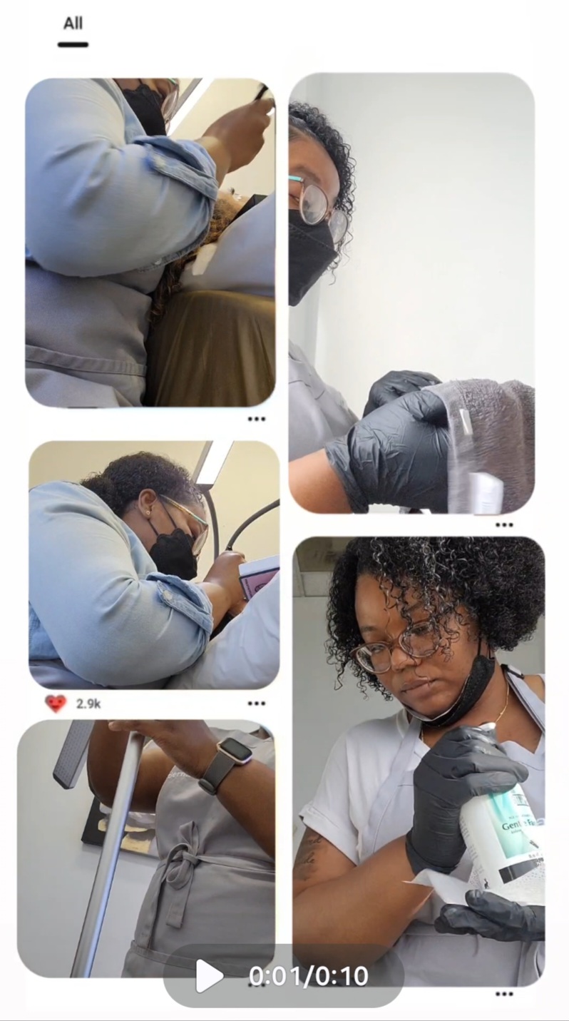 Four images of people using electronic devices, including a person with a mask, a woman with curly hair, and a person with crutches.