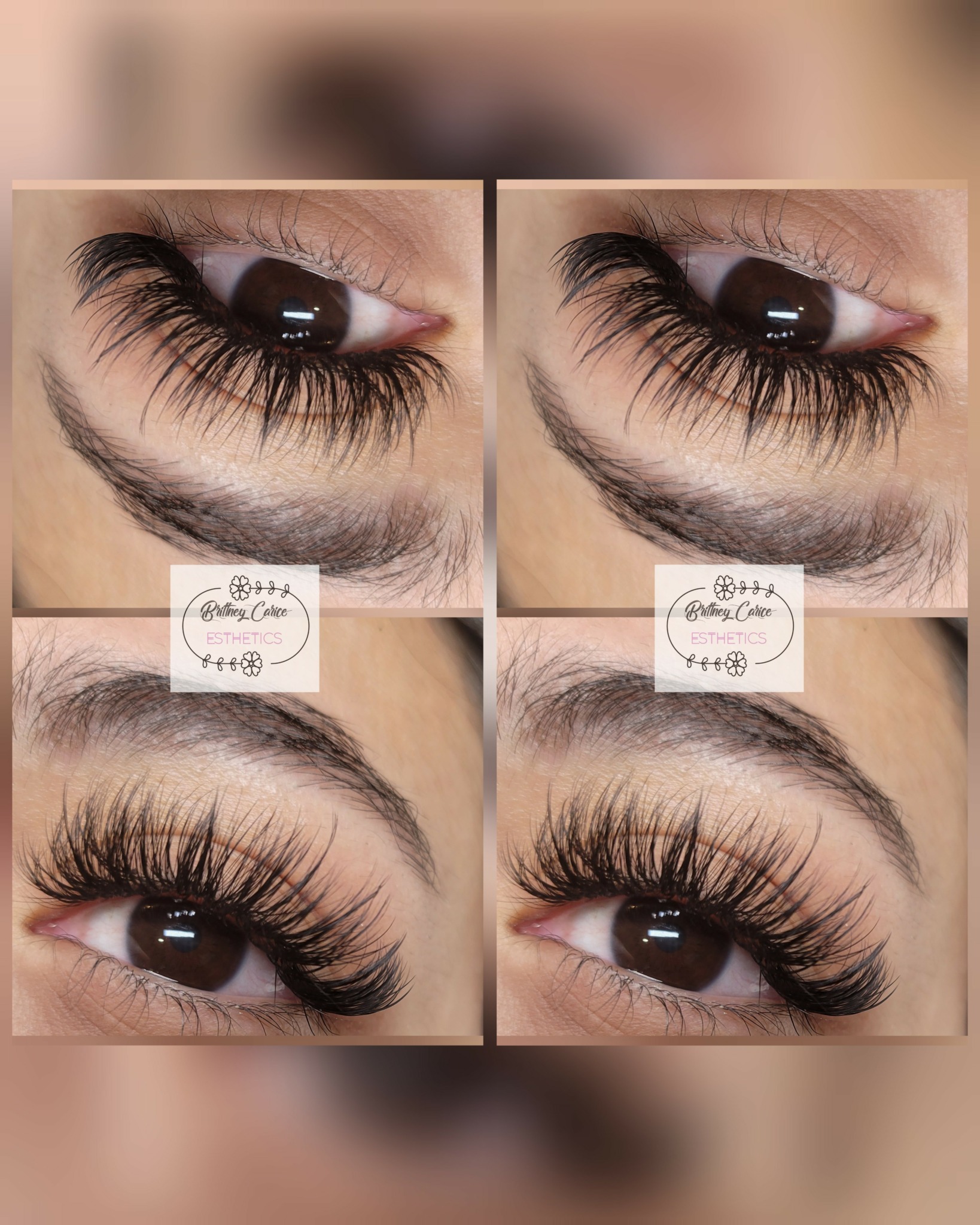 Close-up of eyes with long, thick eyelashes, shown in two pairs, one above the other, with a blurred background.