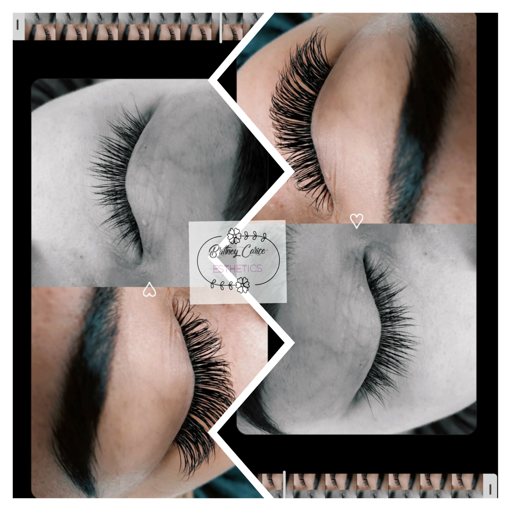 Close-up of a person's eye with long, curled eyelashes, showing different angles of the eye and eyelash extensions.