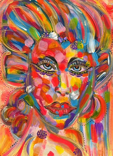 Colorful abstract portrait of a woman with detailed eyes, lips, and vibrant hair, painted with bold brushstrokes and bright colors.