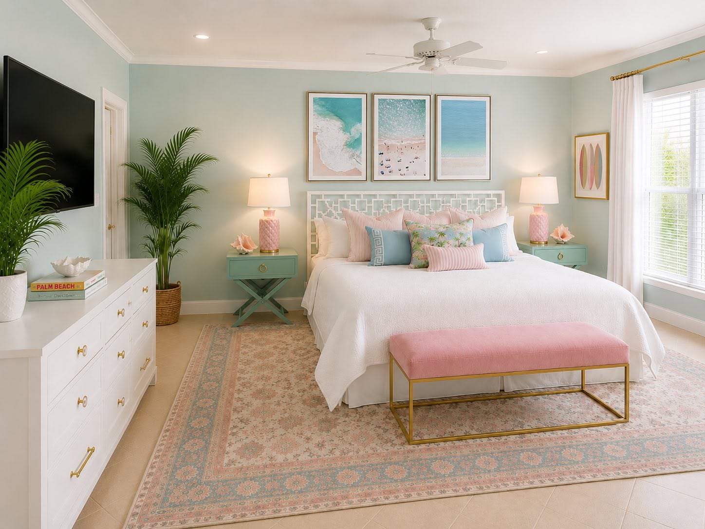 Bedroom with a bed, pink bench, artwork, lamps, and a large window, decorated in pastel colors.