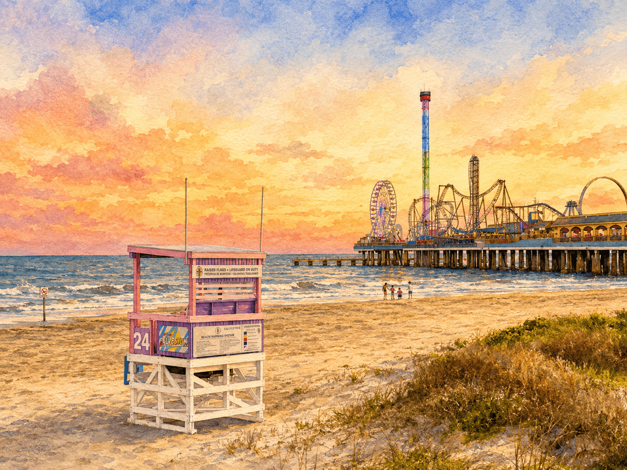 Beach scene with a lifeguard tower, ocean, and amusement park in the background during sunset, with colorful sky and grassy area.