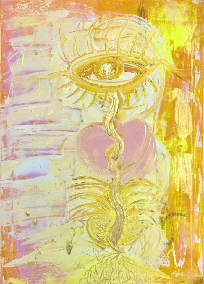 Abstract painting with a large eye, a heart, and swirling lines in yellow, pink, and orange colors.