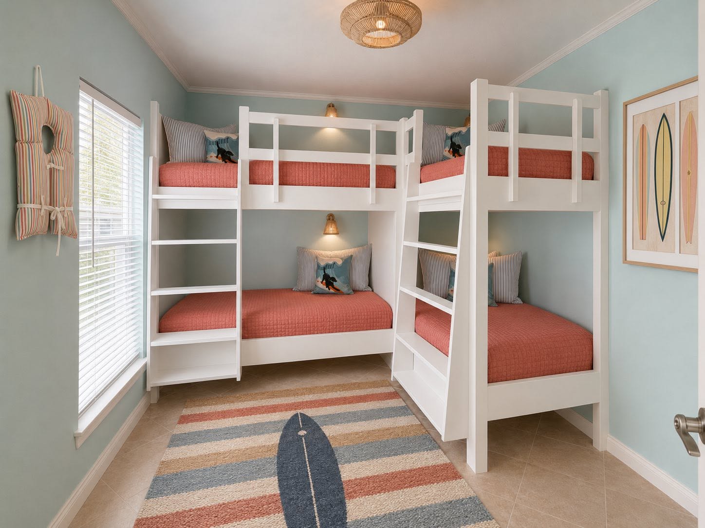 Room with light blue walls, two sets of white bunk beds with pink bedding, window with blinds, and a striped rug.