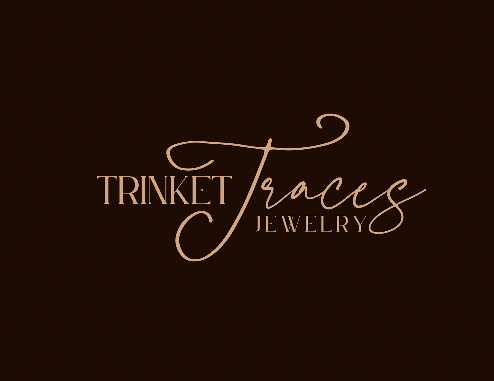 Logo with elegant script and serif fonts on dark background, reading 'Trinket Traces Jewelry'.