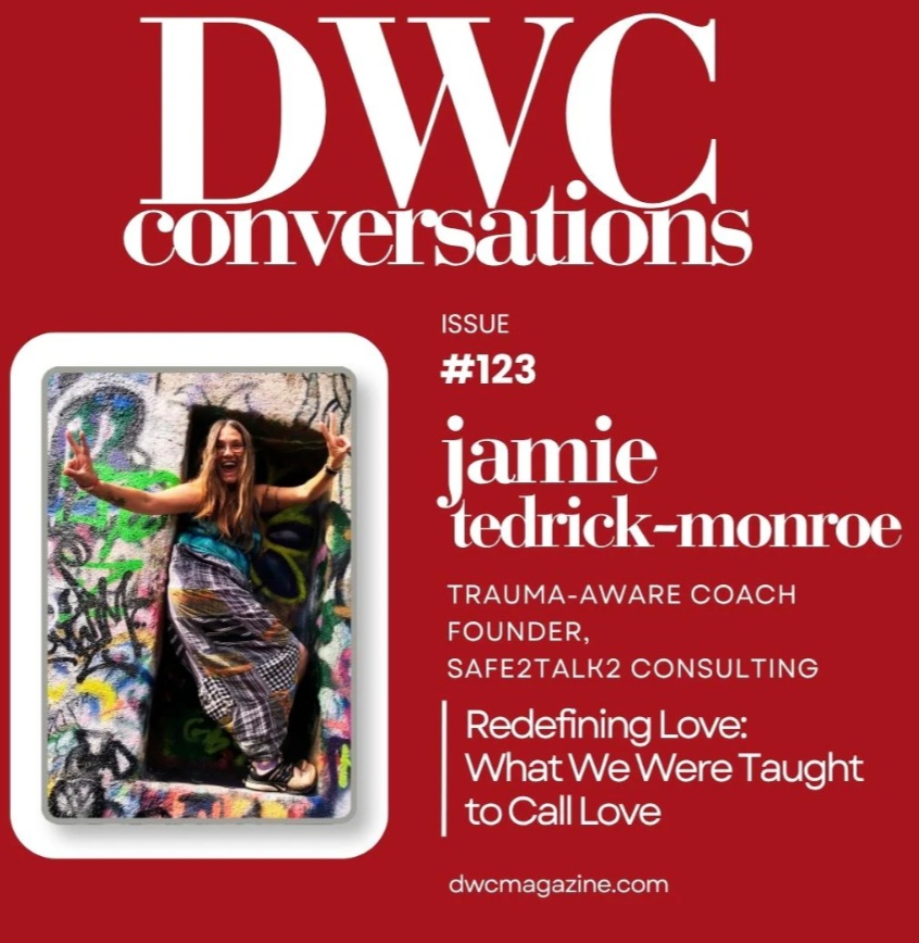 Magazine cover with large white text 'DWC conversations' and a photo of a woman sitting on graffiti-covered stairs, smiling.
