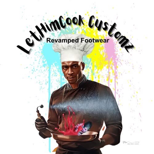 Young man in chef's outfit holding a flaming dish, colorful paint splashes background, text about custom footwear, confident expression.