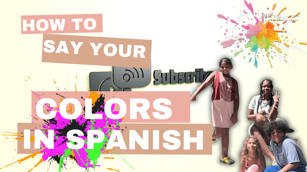 Two women and two children standing outdoors with colorful paint splashes and text about colors in Spanish.
