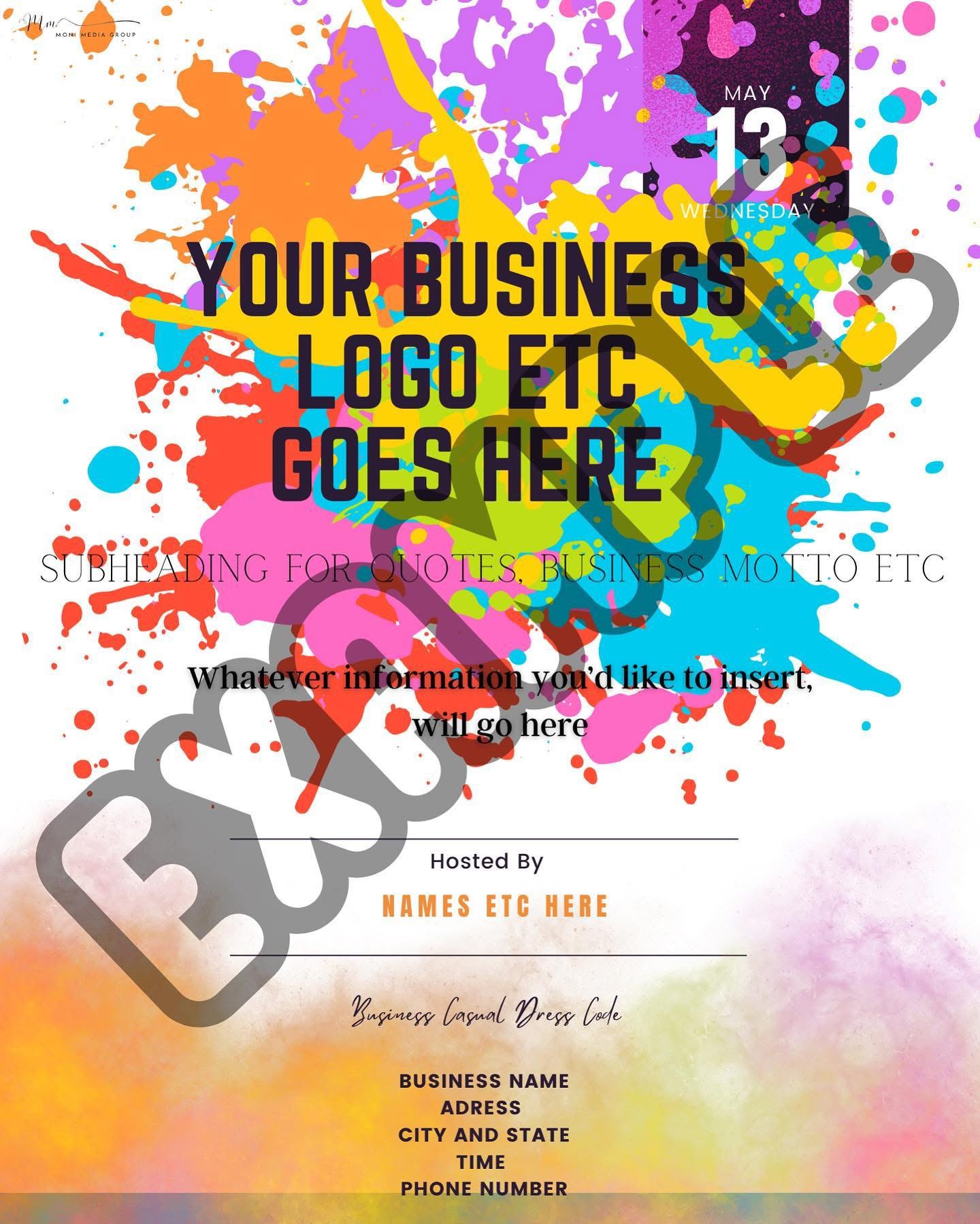 Colorful paint splashes with text placeholders for business logo, name, address, and event details.