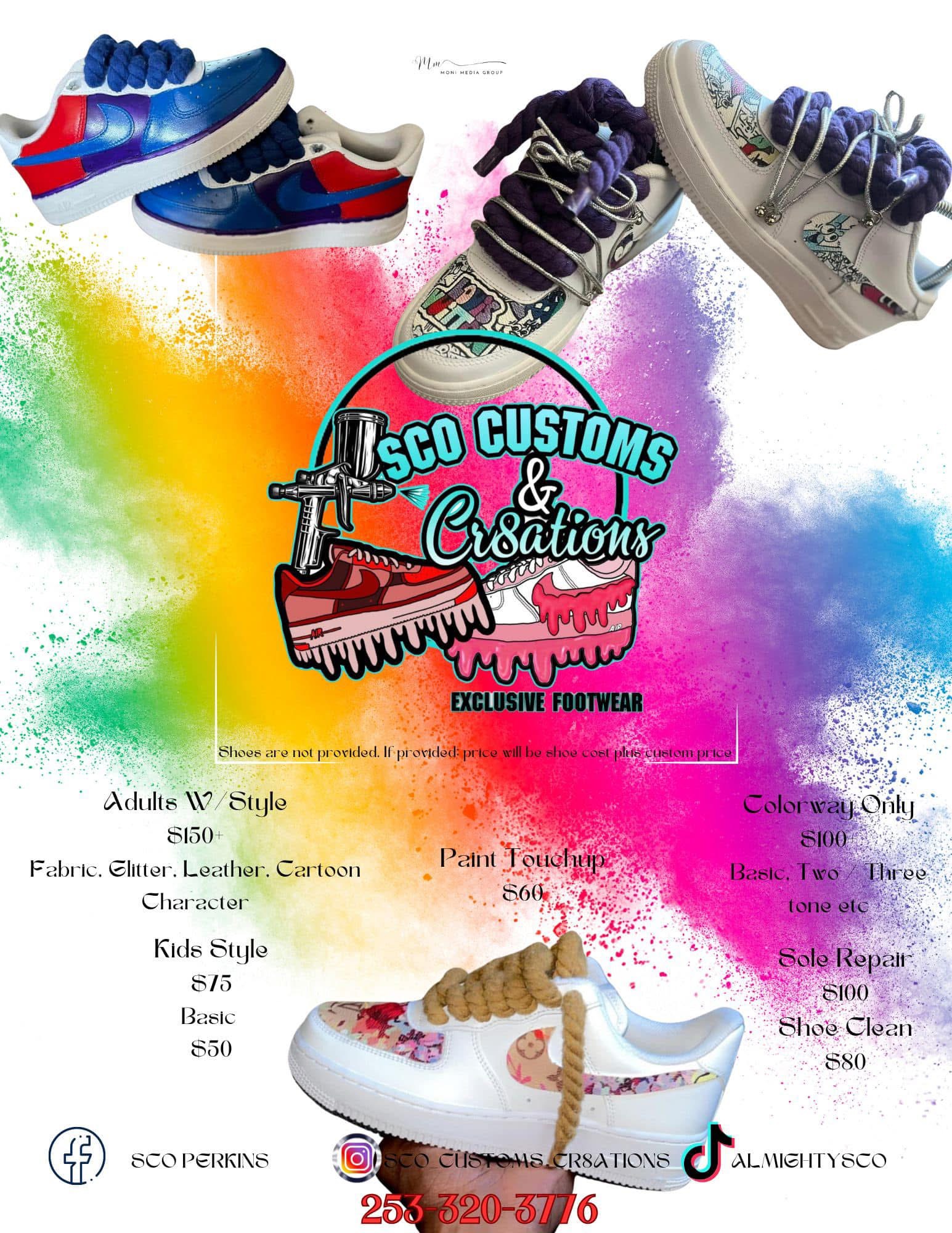Colorful splash background with three pairs of sneakers and a logo for Sco Customs and Creations featuring a paintbrush and shoe illustration.