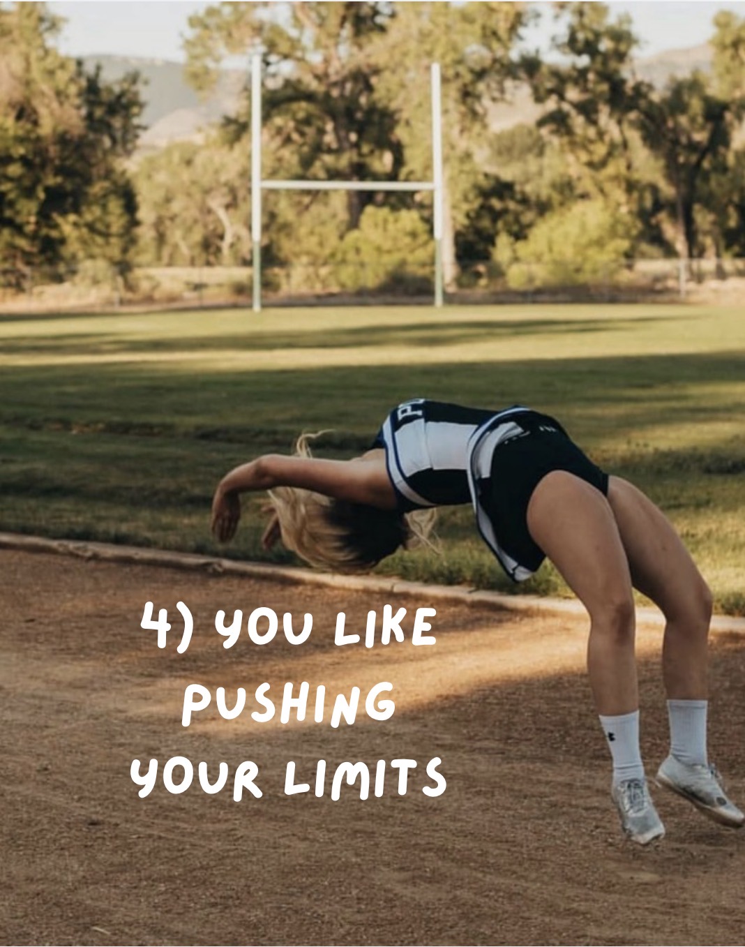 Person performing a backbend on a sports field with goalposts in the background, with text about pushing limits.