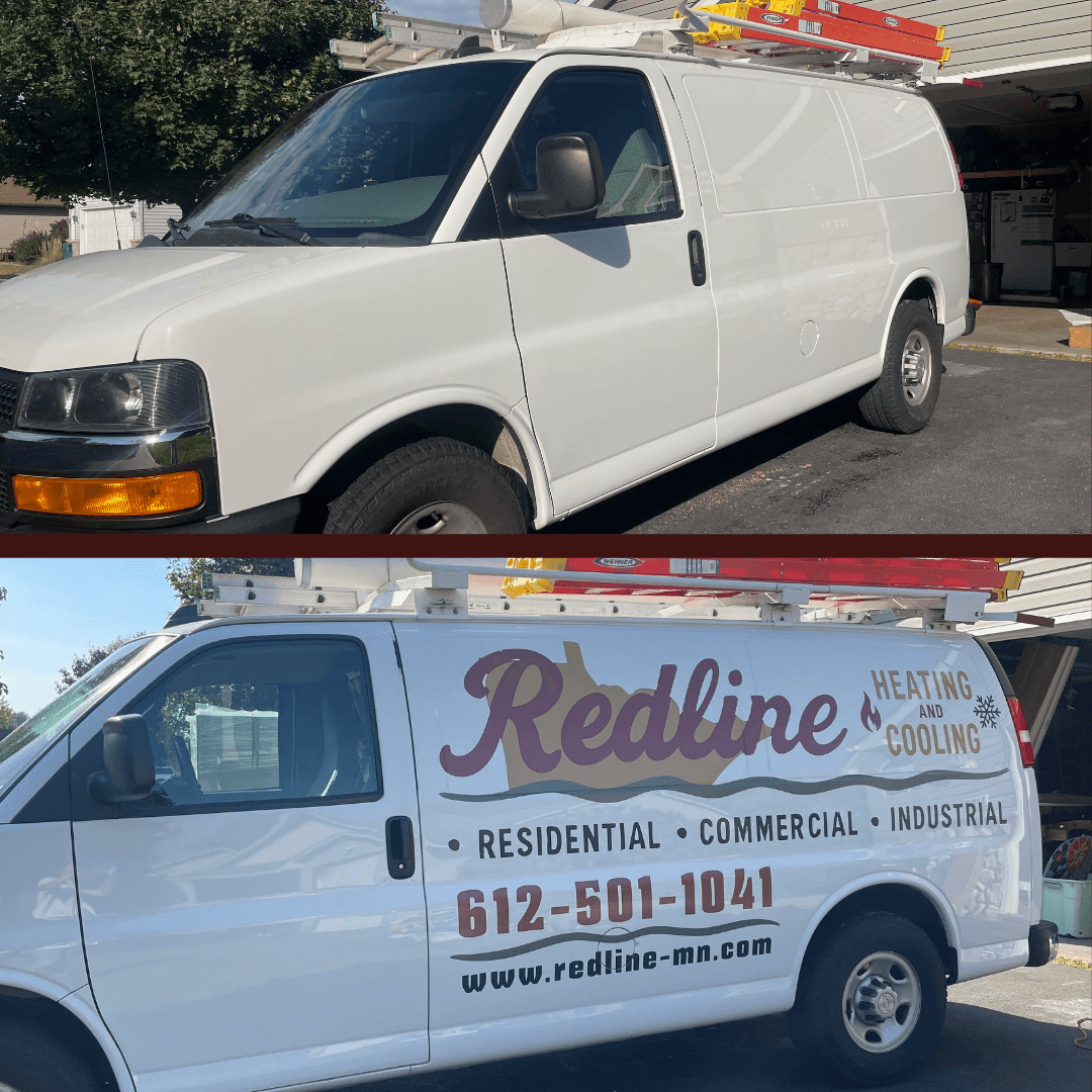 White service van with company logo and contact information, parked outdoors, with trees and building in background.