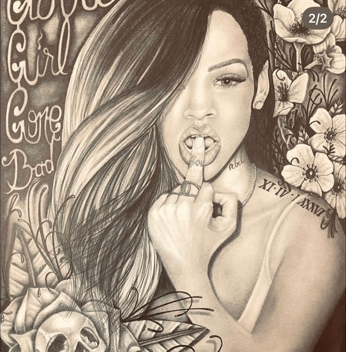 A woman with long hair covering one eye, biting her finger, surrounded by flowers and text, in black and white.
