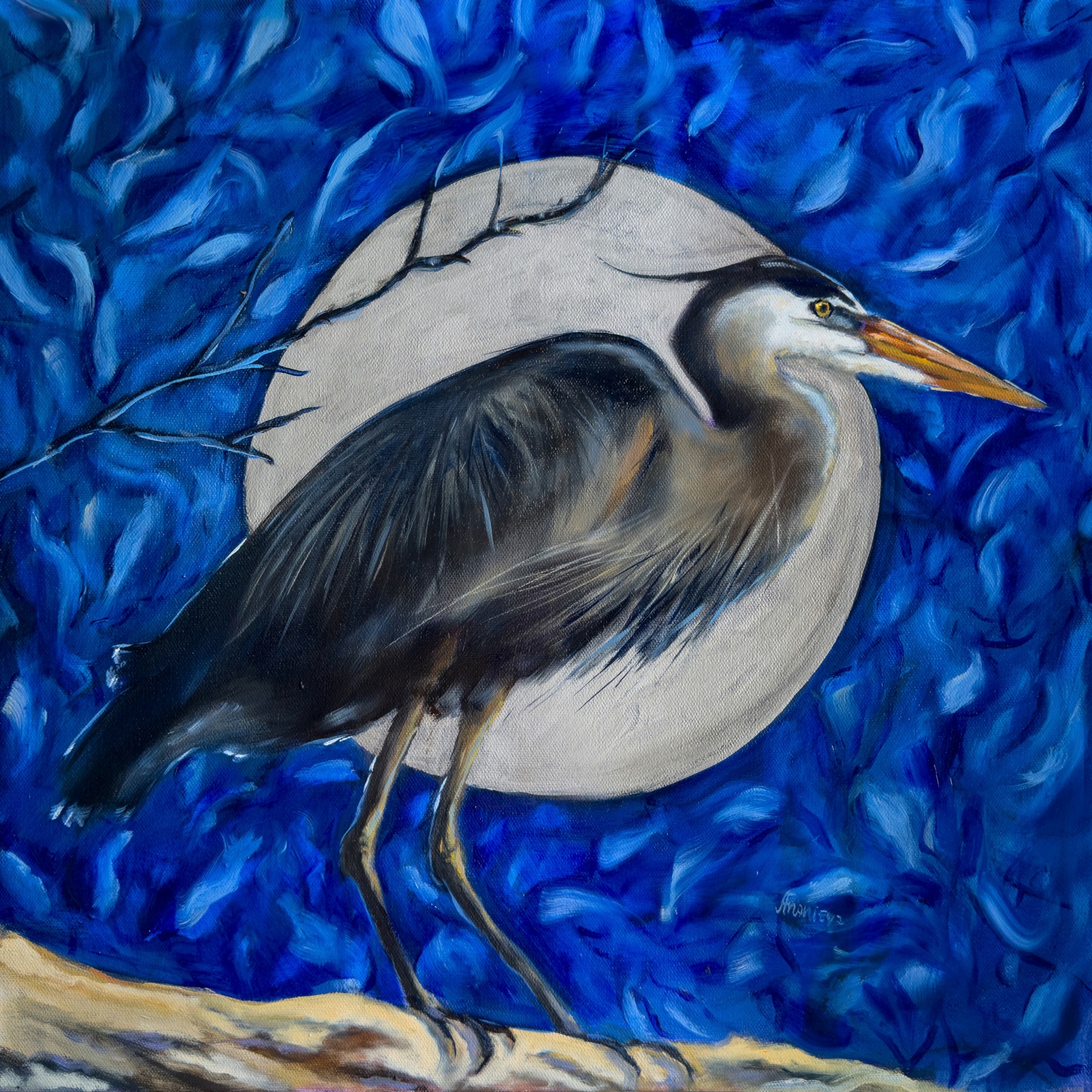 Heron standing on a branch against a blue background with a circular moon behind it.