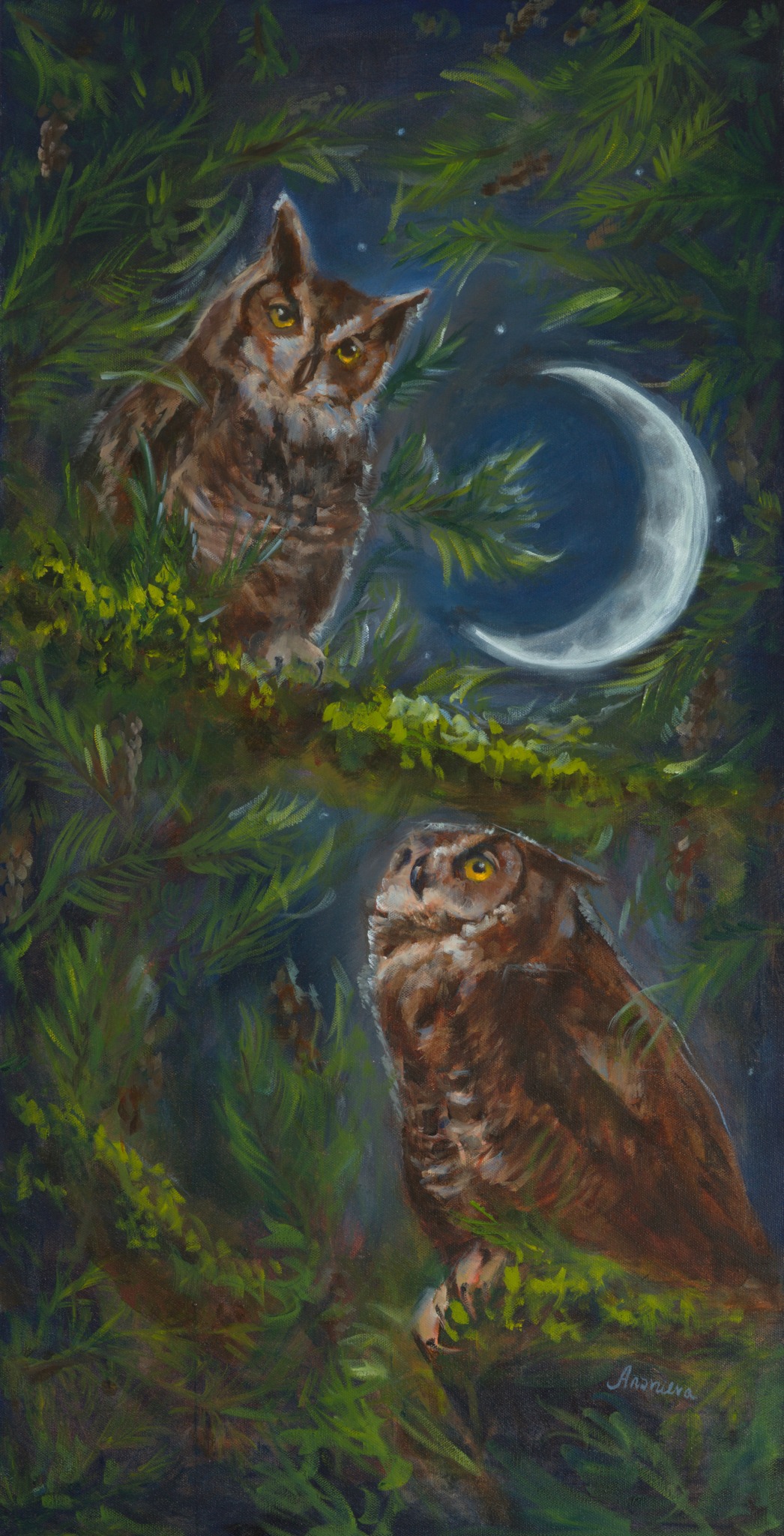 A painting of a forest scene with a cat and an owl near a crescent moon, surrounded by green foliage.